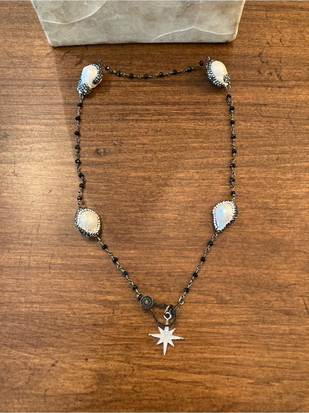 Baroque Pearl with pave crystals  on beaded chain with star pendant.
